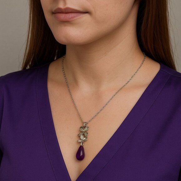 SAQ Silver Tone Floral Necklace with Purple Teardrop Pendant 10” Chain | Early 2 - Picture 5 of 5